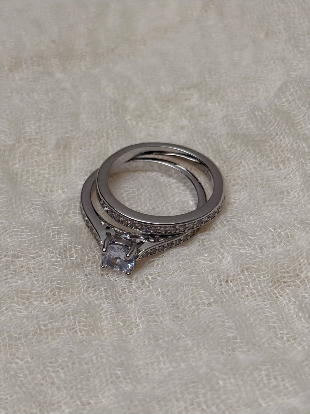 Classic 925 Sterling Silver-Tone Bridal Ring Set with Clear Stone, Size 7